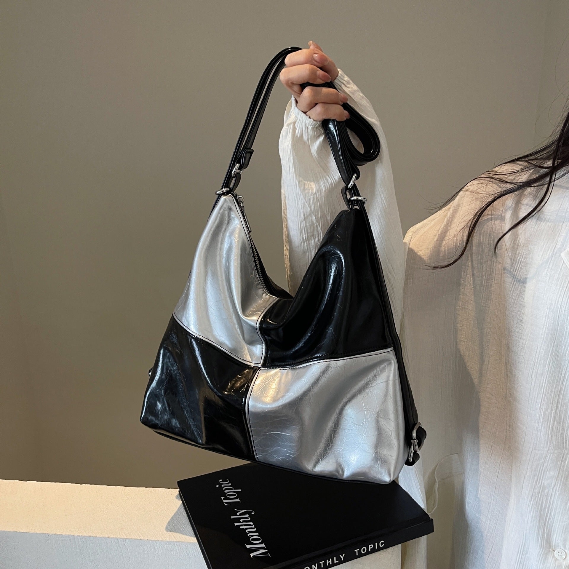 Women's Patchwork PU Tote Bag Crossbody Color Contrast