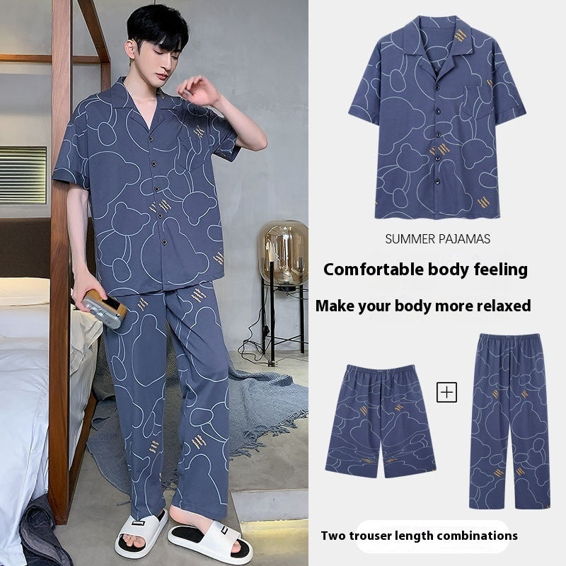 Three-piece Pajamas Men's Summer Pure Cotton Short Sleeve Trousers Suit