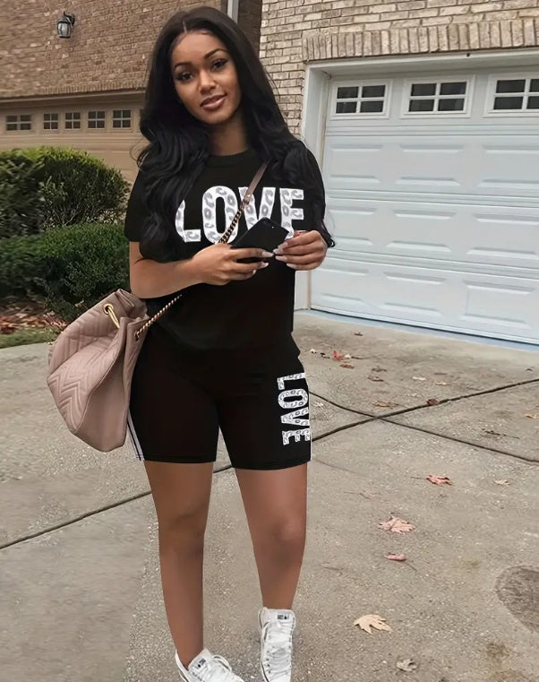 Women's Love Print Casual Two-Piece Set – Short Sleeve Top and Shorts