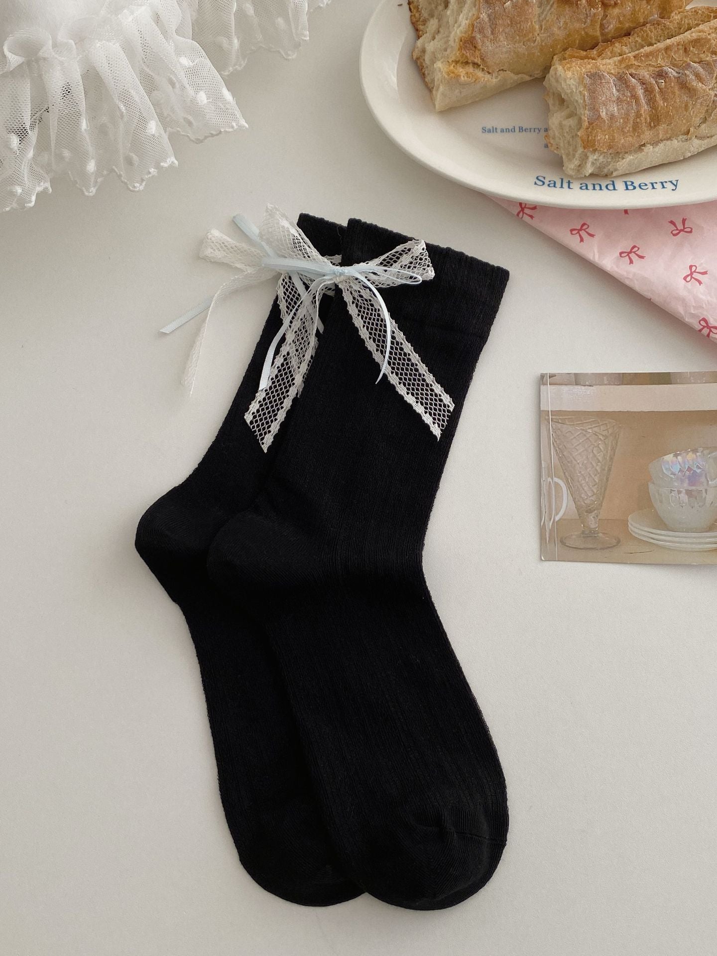 Summer Thin Boneless Ballet Style Japanese Girl Lace Bow Ribbon Mid-Tube Socks for Women