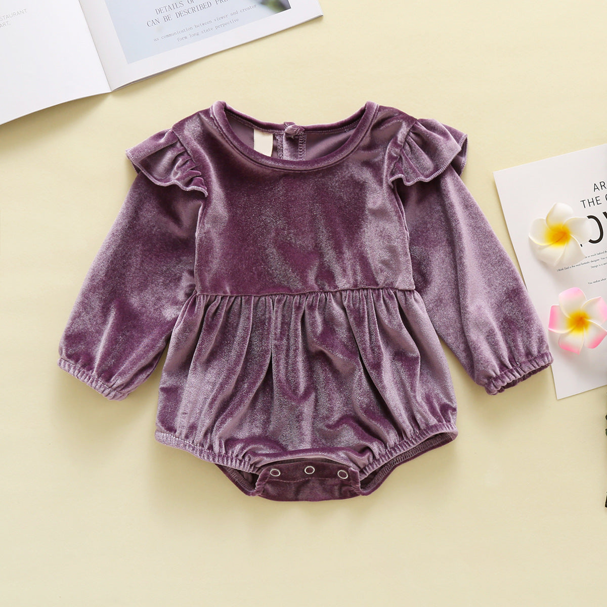 Baby Girl Autumn And Winter Clothing Candy Color Flounced Sleeve Velvet Jumpsuit