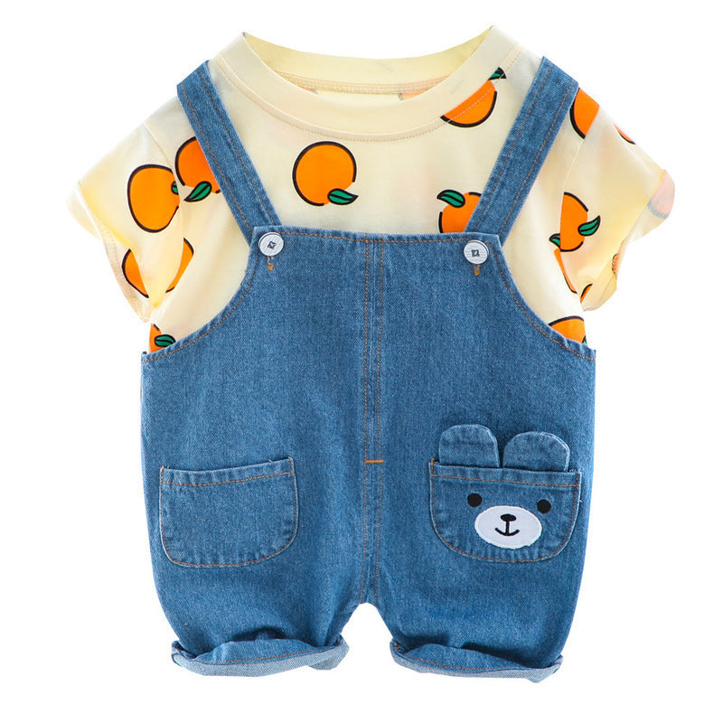 Men's Cotton Cropped Suspender Shirt And Pants Set