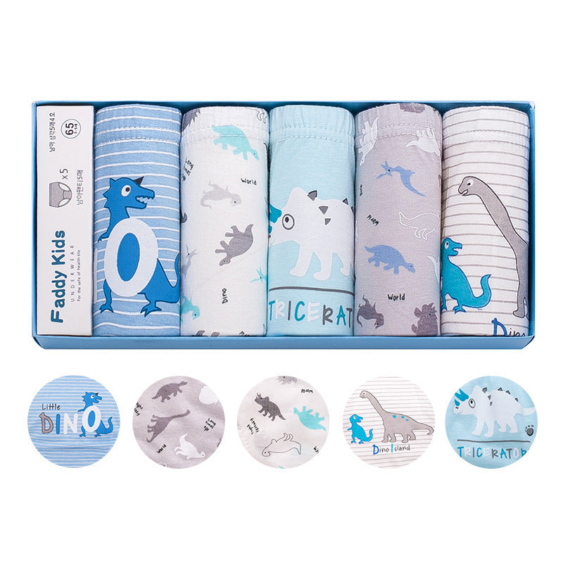 Children's Cotton Underwear Set – 5-Pack Boys’ Cartoon Dinosaur Triangle Briefs for Older Kids