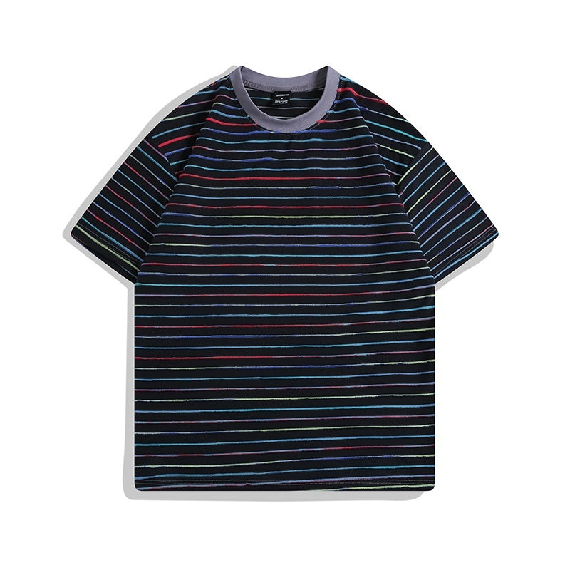 Color Striped Short Sleeve Round Neck Couple Half Sleeve T-shirt