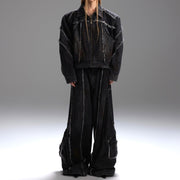 Raw Edge Splash-dyeing Distressed Padded Shoulder Denim Coat