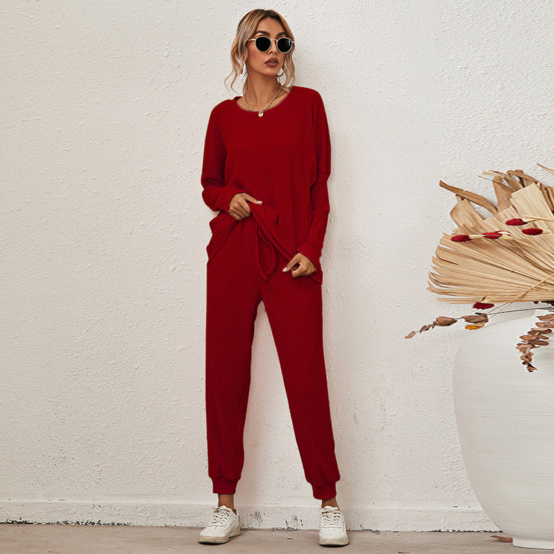 Womens Relaxed Fit Long Sleeve Set Polyester Spandex Plain