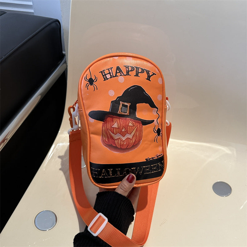 Halloween Crossbody Phone Bag – Cartoon Pumpkin, Ghost, and Bat Print Mini Shoulder Bag for Girls and Women