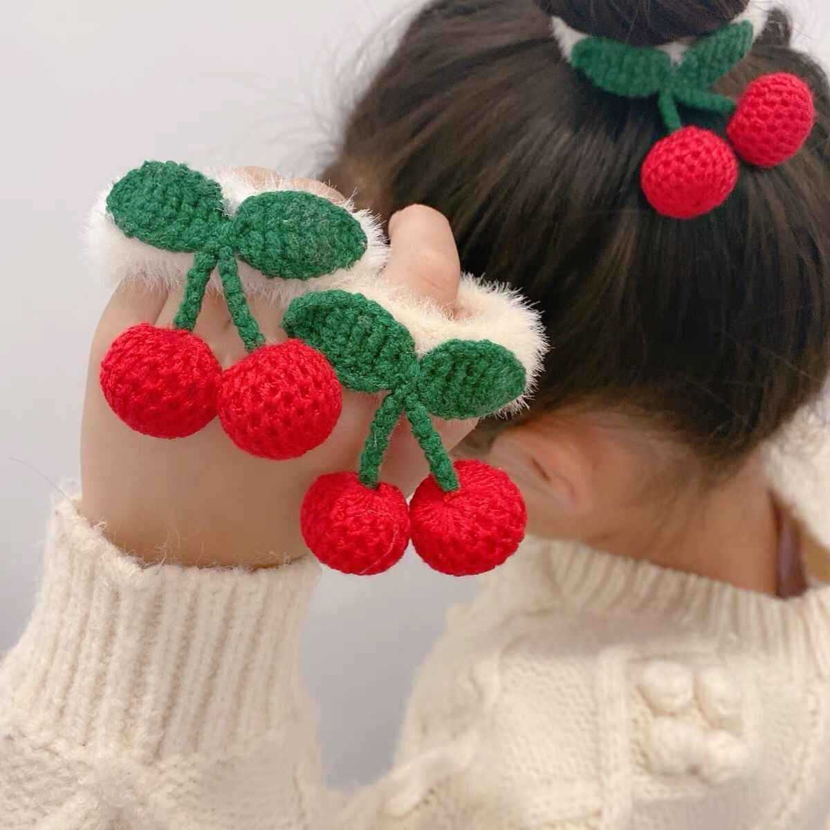 Beige Cherry Plush Hair Ring Children Baby Girl Sweet