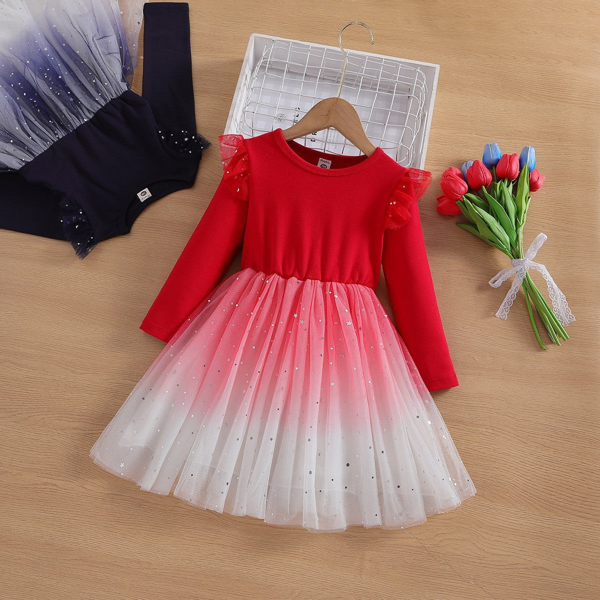 Autumn New Girls Dress Starry Sky Mesh Bubble Skirt