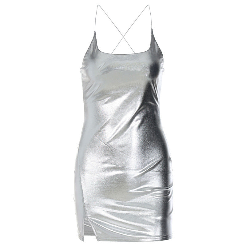 European And American Solid Color Sling Backless Slit Sexy Party Dress