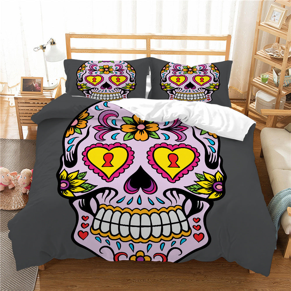 3D Printed Skull Pattern Three-Piece Chemical Fiber Bedding Set