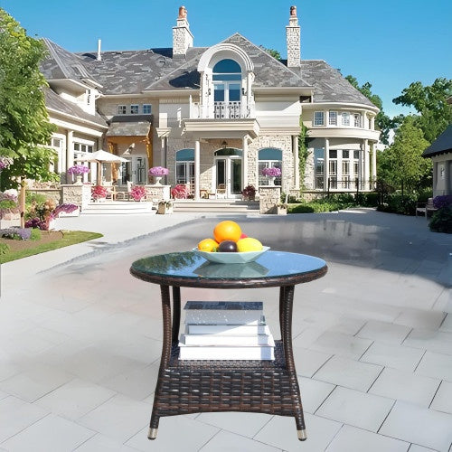 Brown Rattan Outdoor Patio Round Coffee Table with Clear Tempered Glass Top