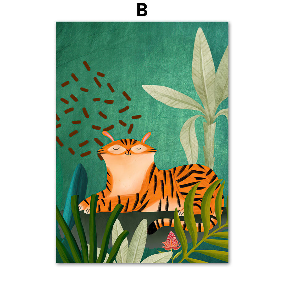 Jungle Animals Nursery Wall Art – Lion, Elephant, Giraffe, Zebra & Leopard Canvas Print