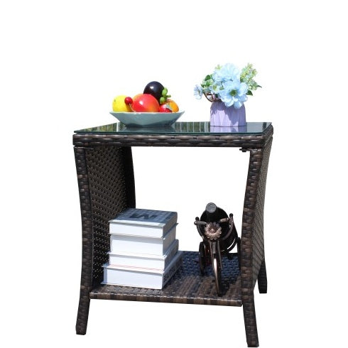 Brown PE Rattan Outdoor Coffee Table with Clear Tempered Glass