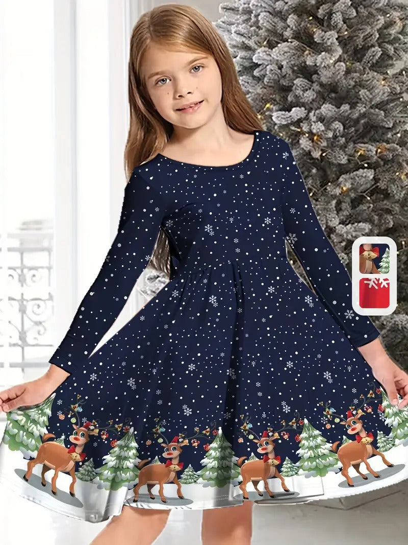 Girl's Long-sleeved Dress Christmas Deer