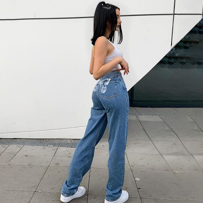 Retro Gradient Printed Washed Skinny Jeans – Women's Straight-Leg Denim Pants