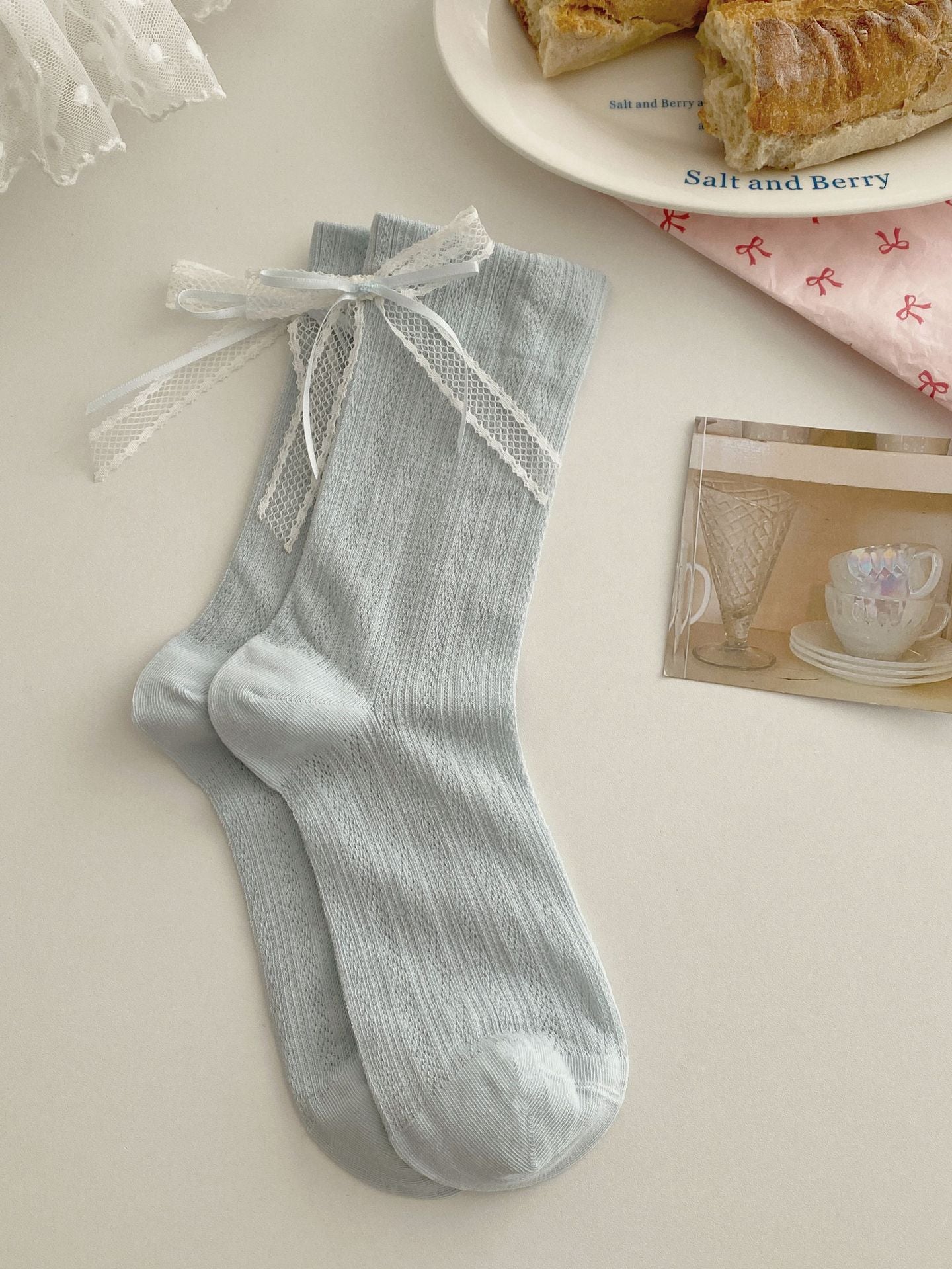 Summer Thin Boneless Ballet Style Japanese Girl Lace Bow Ribbon Mid-Tube Socks for Women