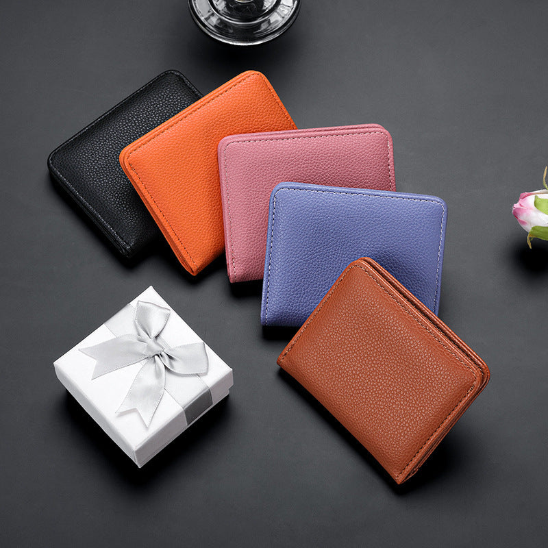 Unisex Lychee Pattern PU Leather Compact Short Wallet Slim