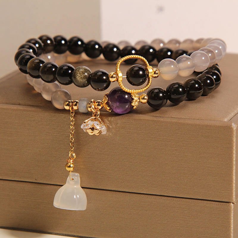 All-Match Gold Obsidian Lotus Seedpod Pendant Natural Gray Agate Double Ring Crystal Bracelet For Women