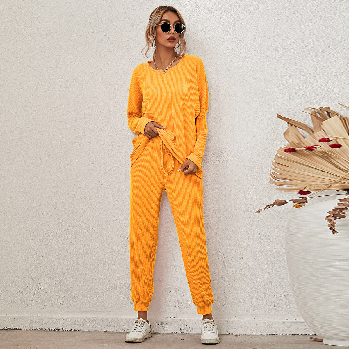 Womens Relaxed Fit Long Sleeve Set Polyester Spandex Plain