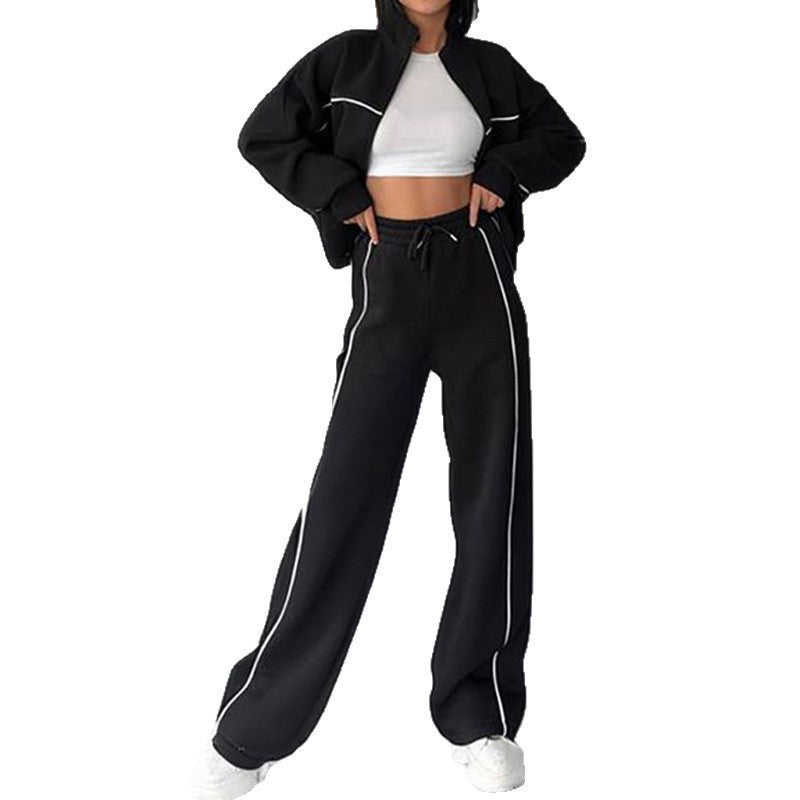 Unisex Striped Polyester Mock Neck Hoodie Suit With Trousers