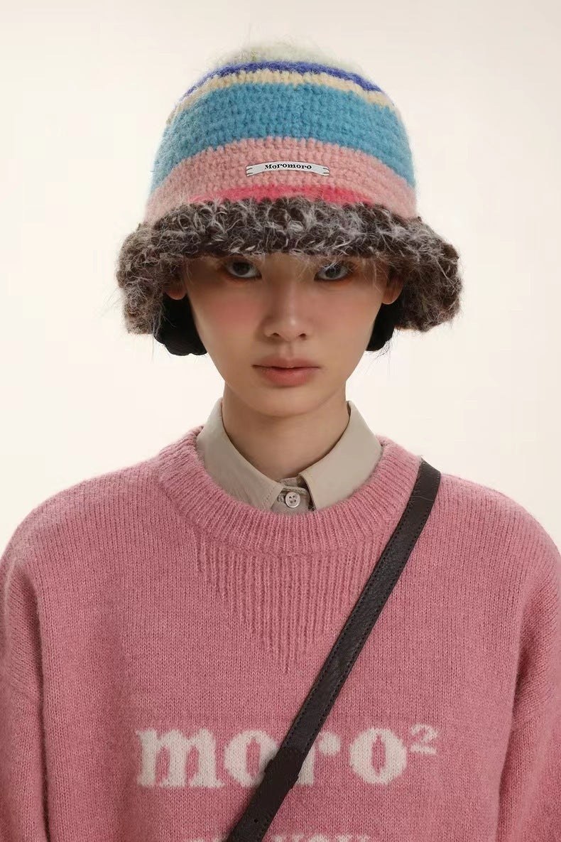 Niche Retro Contrast Color Stripes Hand Crocheting Woolen Cap