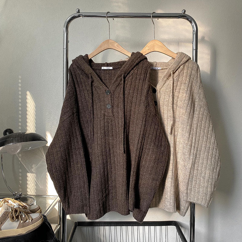 Hooded Rope Pullover Sweater Loose For Women
