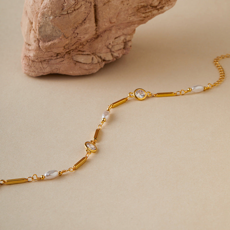 Women's 18K Gold Color Bracelet – Round Zircon & Pearl Copper Design
