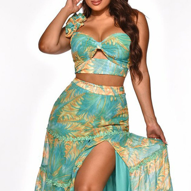 Lotus Leaf Cutout Top Print Slit Maxi Dress Two Piece Set