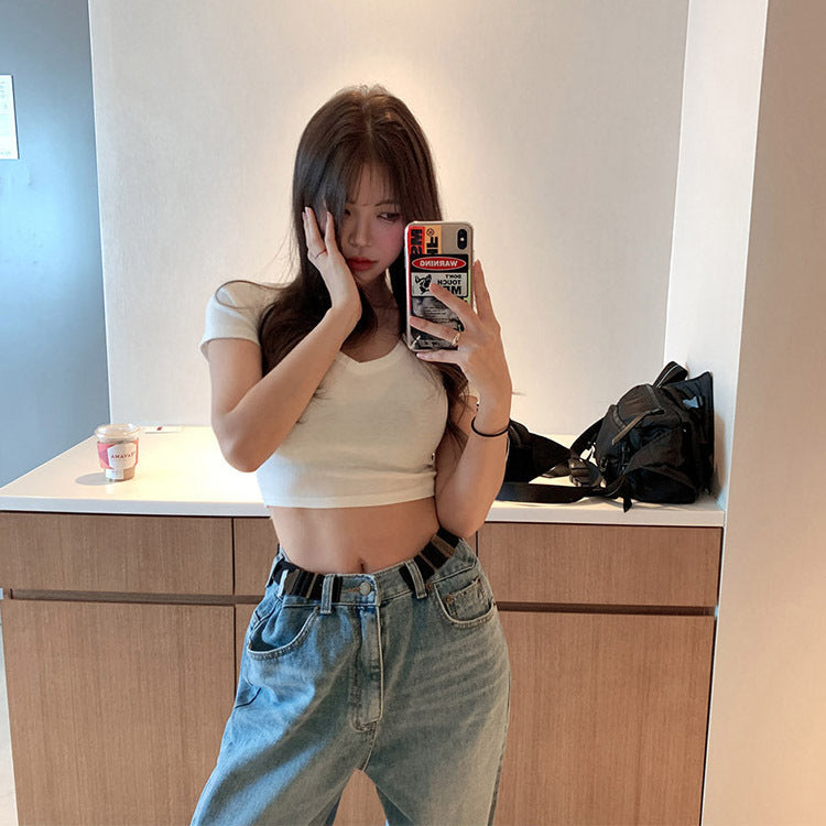 Women's Crop-top Tight-fitting V-neck Short-sleeved T-shirt