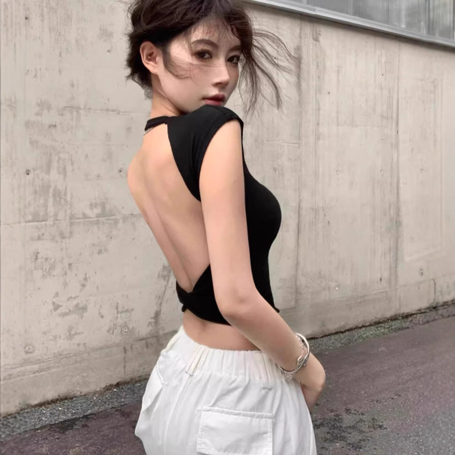 Cross Hollow Back Short-sleeved T-shirt For Women