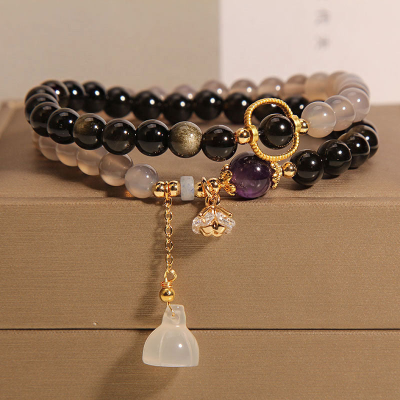 All-Match Gold Obsidian Lotus Seedpod Pendant Natural Gray Agate Double Ring Crystal Bracelet For Women