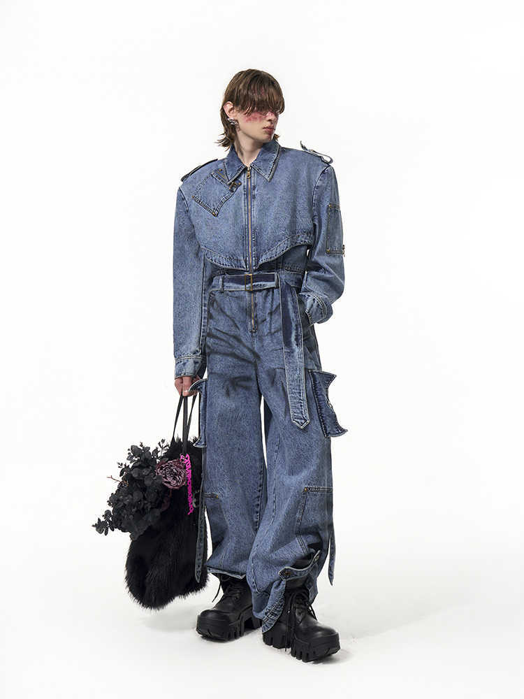 Men’s Dirty Dyed Denim Jumpsuit – Washed Blue Zipper Jeans One-Piece