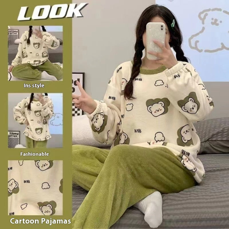 Womens Coral Fleece Winter Pajamas Relaxed Fit Long Sleeve