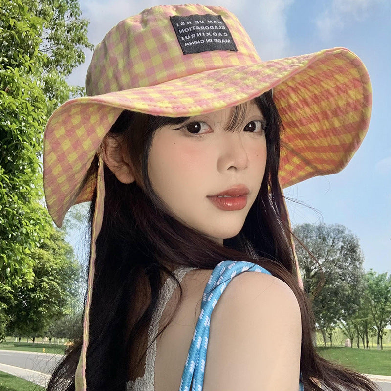Breathable Cotton Tie-Neck Plaid Women’s Summer Japanese Retro Bucket Hat