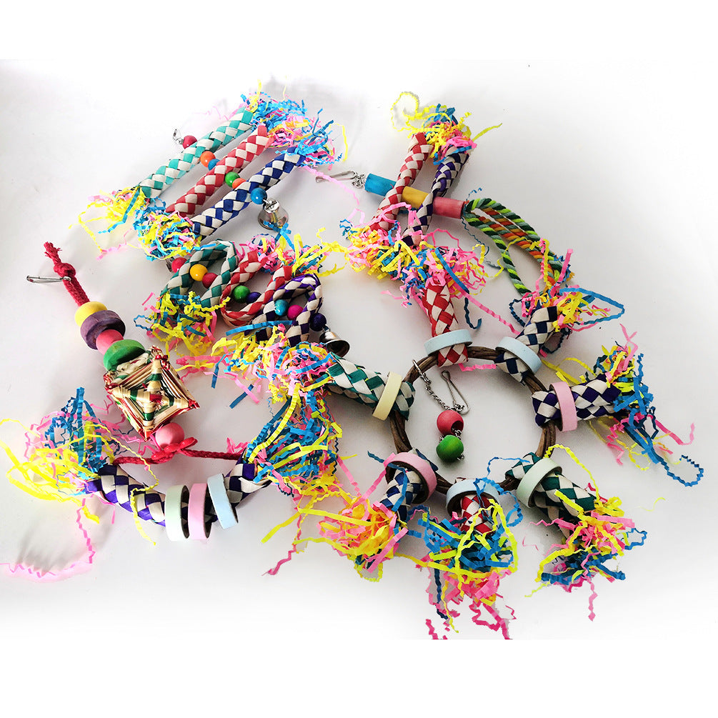Parrot Chewing Bite Toy Set of 5 – Wooden Blocks, Beads, and Swing Climbing Toys for Birds
