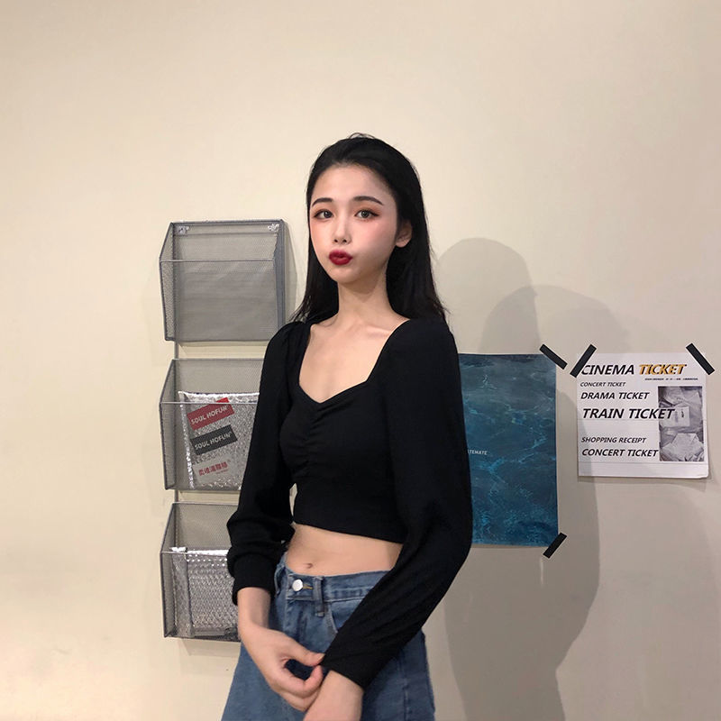 New Navel High Waist Short T-shirt Net Celebrity Top Women  Bottoming Shirt