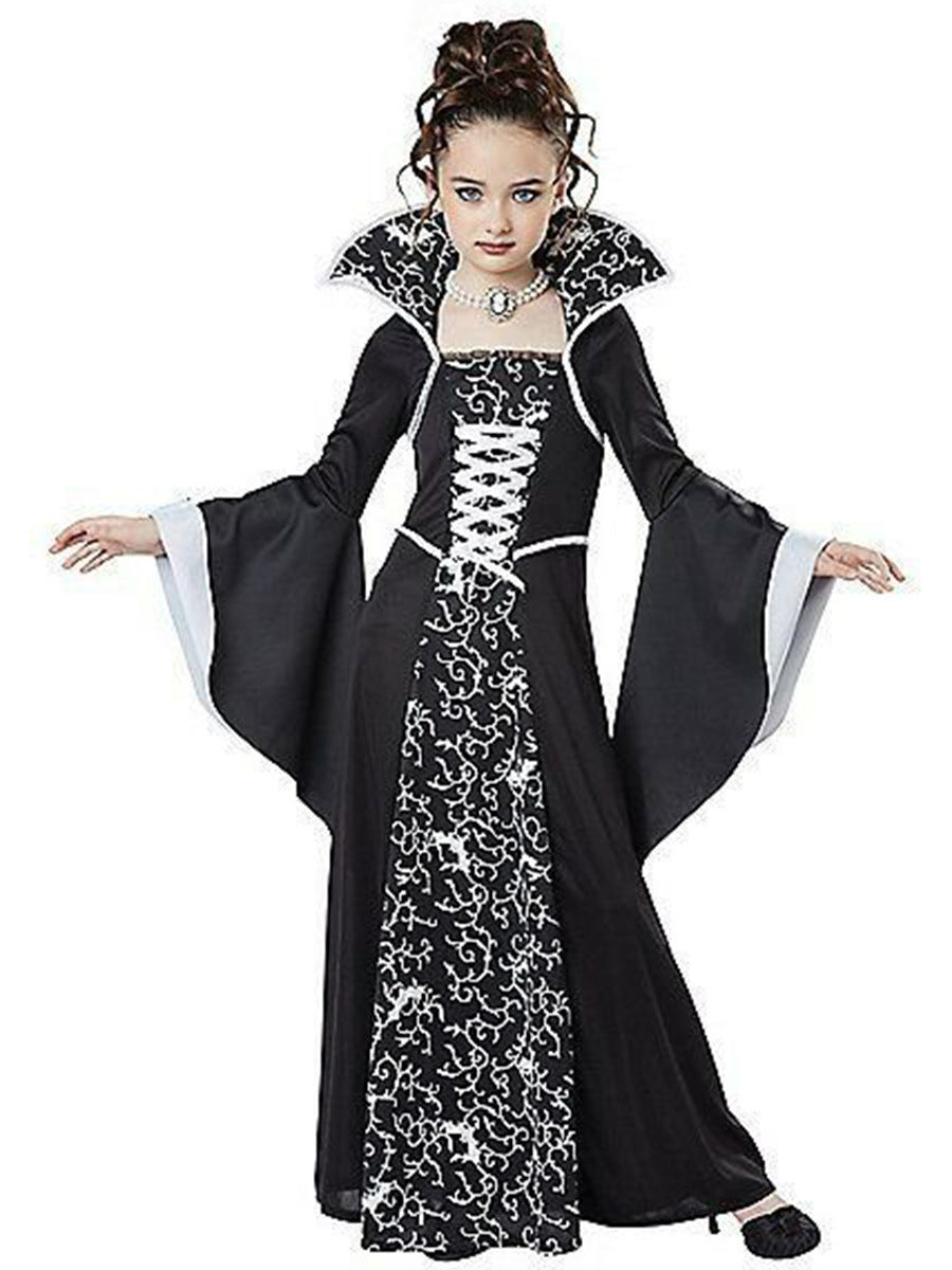 Children's Halloween Costume Witch Retro Lace Up Stand-up Collar Flared Sleeves Printed Maxi Dress