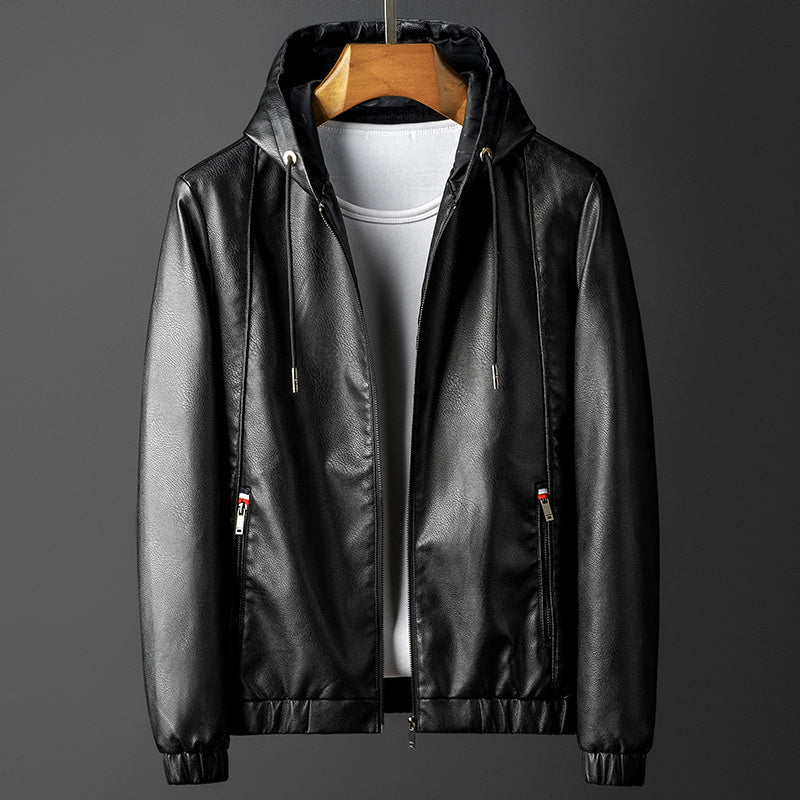 Slim Fit Hood Leather Mens Spring Autumn Casual Jacket