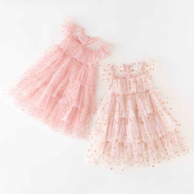 Girls Sleeveless Organza Dress Regular Fit Pink Dots