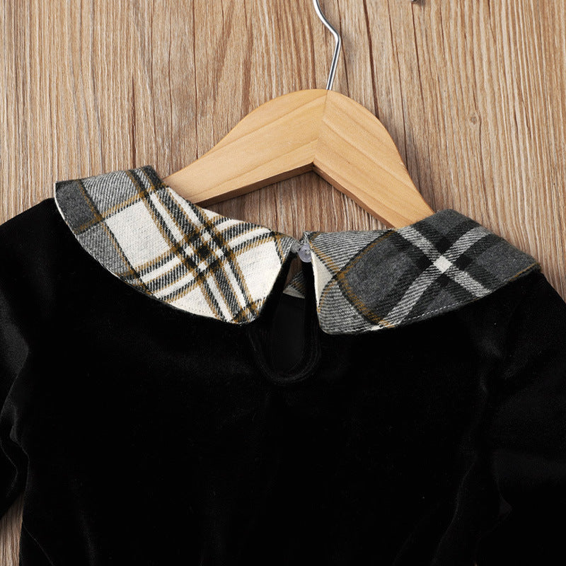 Cute Solid Color Black Long-sleeved Plaid Short Skirt Baby Dress
