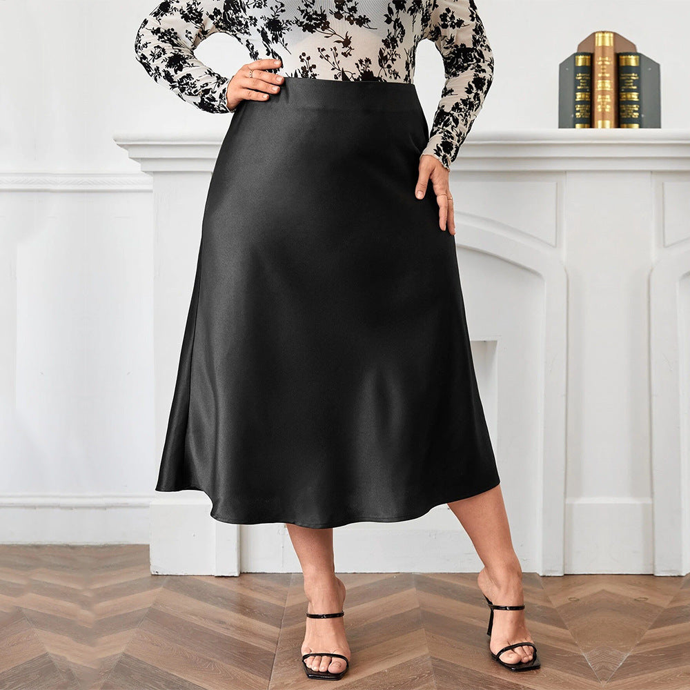 Plus Size Satin A-Line Skirt – Elegant Collage Stitch Design