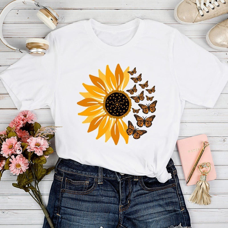 New Love Sunflower Printed Short-sleeved Top Cute Pattern T-shirt Top For Women