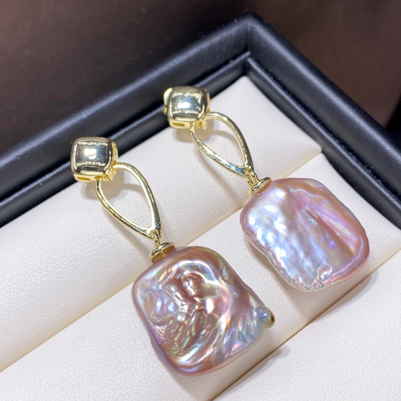 Colorful French Retro Natural Square Baroque Shaped Pearl Stud Earrings