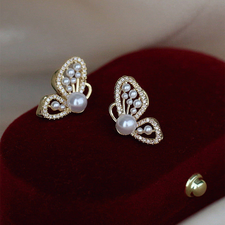 Hollow Butterfly Pearl Stud Earrings For Women
