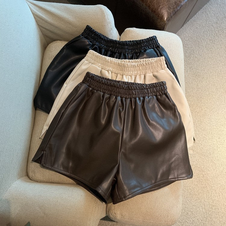Women’s PU Leather Shorts – High-Waist, Loose Fit with Side Slits, Casual Chic