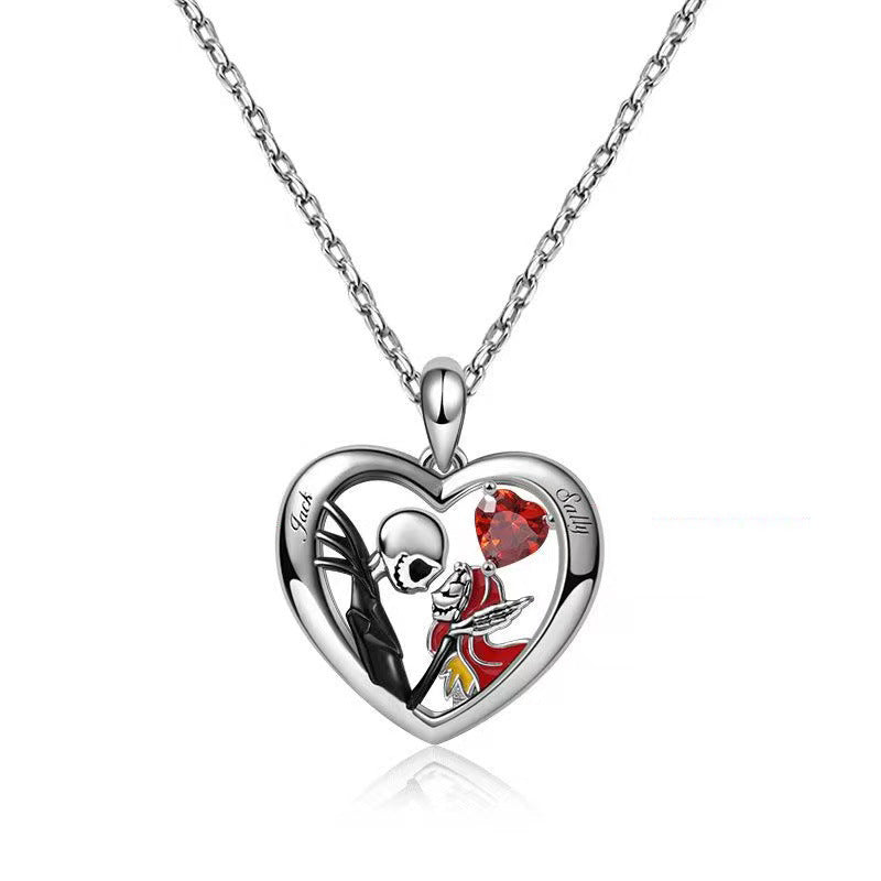 Halloween Heart-Shaped Skull Necklace – Rhinestone Couple Clavicle Pendant Jewelry for Men and Women