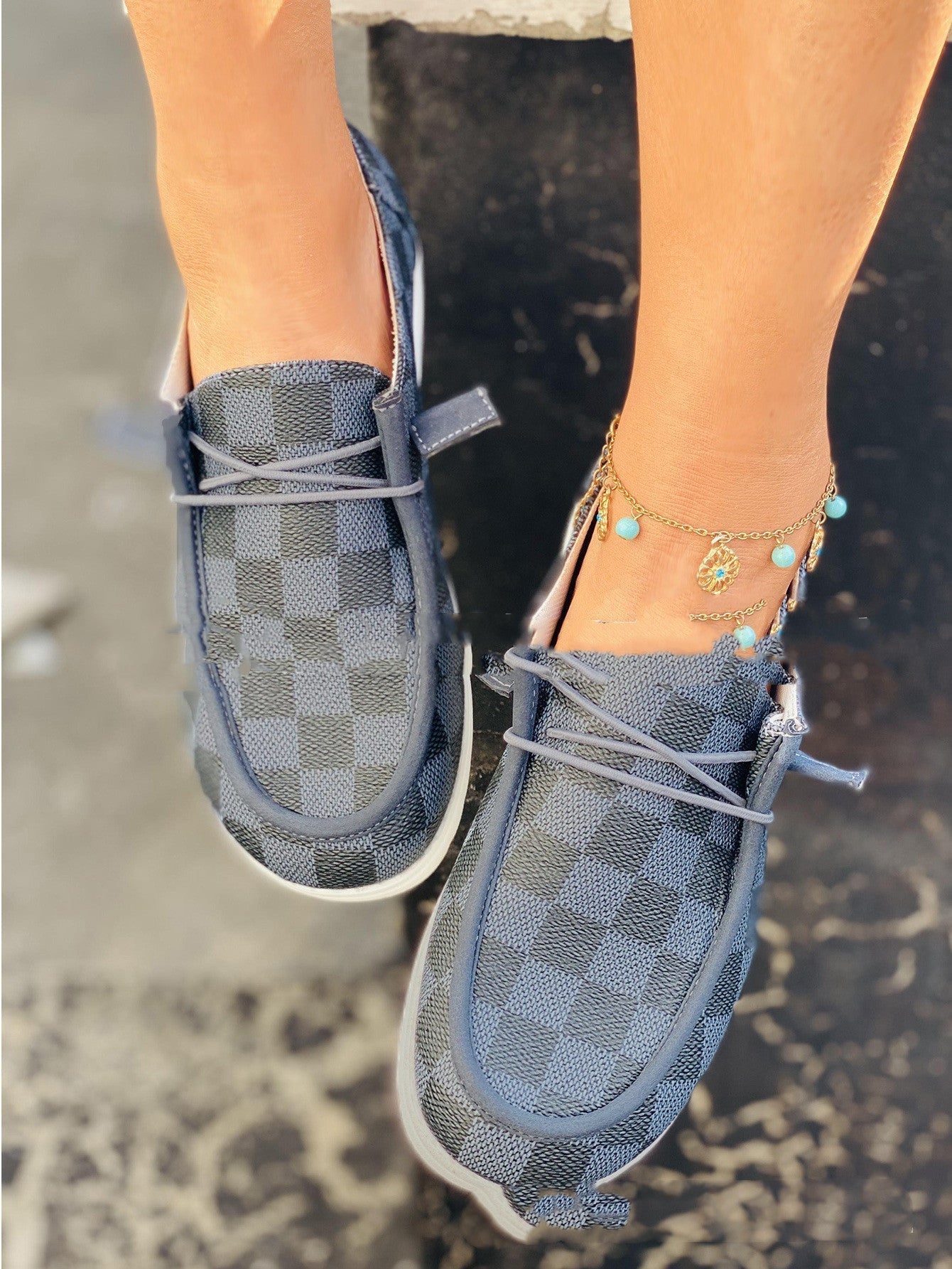 Women's Knit Plaid Colorblock Low Cut Flats Casual Everyday