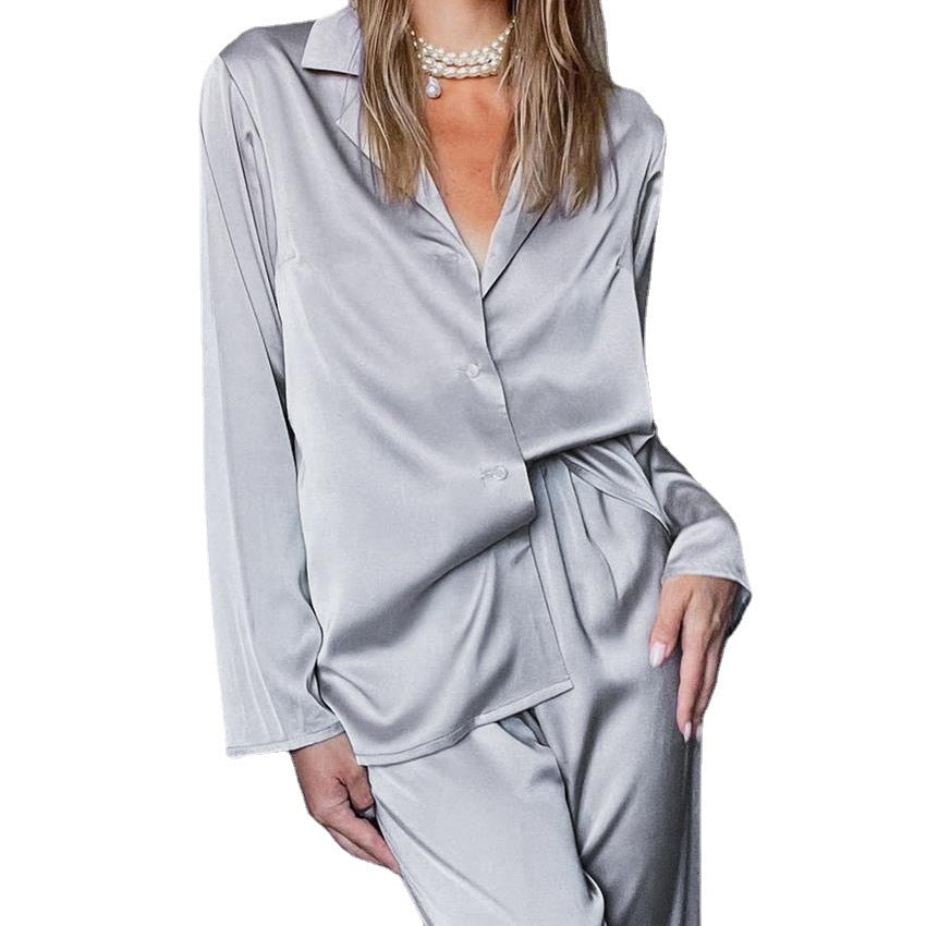 Women's Loose Silky Polyester Homewear Set with Suit Collar