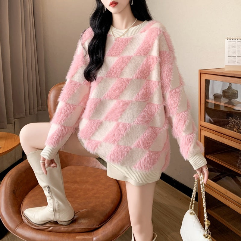 Design Rhombus Flocking Crew Neck Pullover Sweater Women